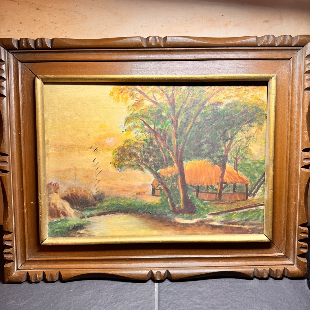 Vintage Landscape‎ Oil Painting Rustic River "Sundown" Signed Custom Wood Framed